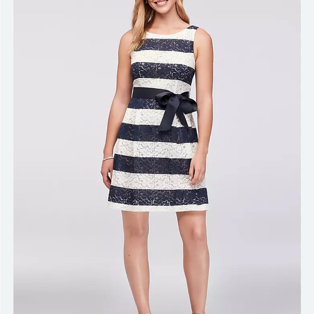 Robbie Bee Sleeveless Navy White Striped Lace Mini Dress David's Bridal‎ Size 10